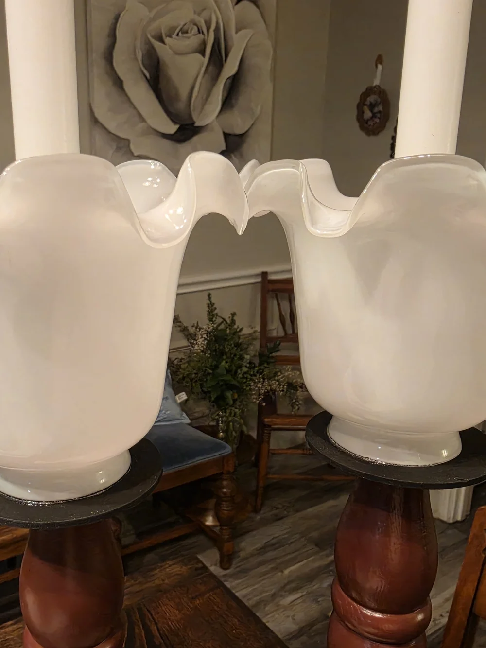 Vintage Wood candlestick holders glass tulip-shaped hurricane shade bobeches